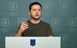In this photo taken from video provided by the Ukrainian Presidential Press Office, Ukrainian President Volodymyr Zelensky speaks to the nation in Kyiv, Ukraine, on February 27, 2022. (Ukrainian Presidential Press Office via AP)