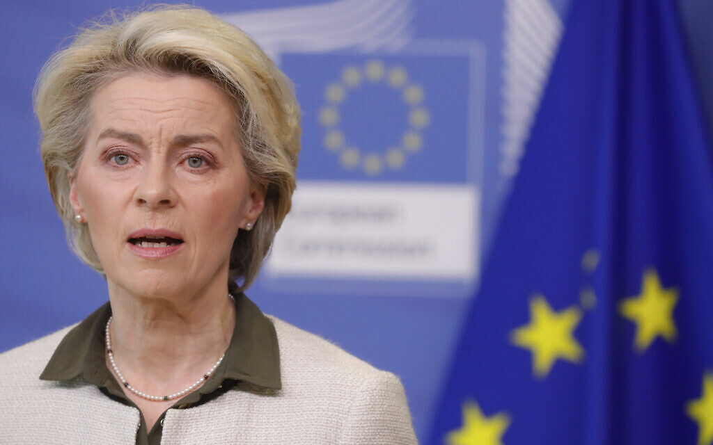 European Commission President Ursula von der Leyen speaks during a press statement at EU headquarters in Brussels, on February 27, 2022. (Stephanie Lecocq/Pool Photo via AP) European Commission President Ursula von der Leyen speaks during a press statement at EU headquarters in Brussels, on February 27, 2022. (Stephanie Lecocq/Pool Photo via AP)