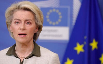 European Commission President Ursula von der Leyen speaks during a press statement at EU headquarters in Brussels, on February 27, 2022. (Stephanie Lecocq/Pool Photo via AP)