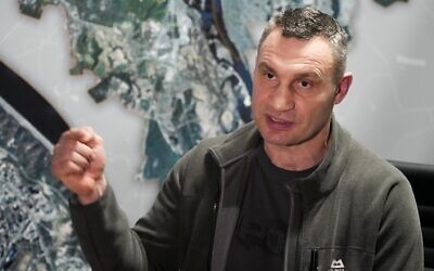 Vitali Klitschko, Kyiv Mayor and former heavyweight champion in his office in the City Hall in Kyiv, Ukraine, Feb. 27, 2022 (AP Photo/Efrem Lukatsky)