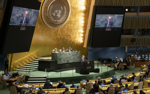 Olof Skoog, European Union ambassador to the United Nations, speaks during an emergency meeting of the UN General Assembly, on Monday, February 28, 2022, at United Nations Headquarters. (AP Photo/John Minchillo)
