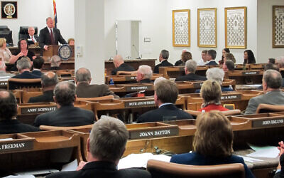 Illustrative -- Wyoming Gov. Matt Mead, at podium, addresses a joint session of the Wyoming Legislature on Feb. 8, 2016 in Cheyenne (AP Photo/Ben Neary)