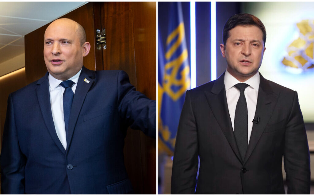 Prime Minister Naftali Bennett poses for a picture at the Prime Minister's Office in Jerusalem, on January 26, 2022; Ukrainian President Volodymyr Zelensky addresses the nation in Kyiv, Ukraine, on February 24, 2022. (Olivier Fitoussi/Flash90; Ukrainian Presidential Press Office via AP)