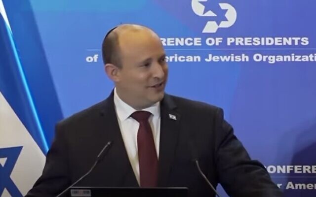 Prime Minister Naftali Bennett addresses the Conference of Presidents meeting in Jerusalem on February 20, 2022. (Screenshot) Prime Minister Naftali Bennett addresses the Conference of Presidents meeting in Jerusalem on February 20, 2022. (Screenshot)
