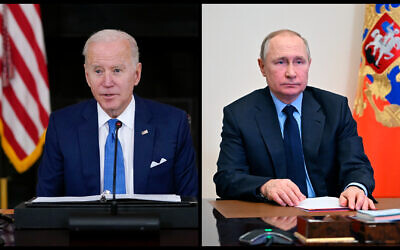 President Joe Biden speaks in the State Dining Room of the White House, February 9, 2022, in Washington; Russian President Vladimir Putin chairs a Security Council meeting via videoconference at the Novo-Ogaryovo residence outside Moscow, Russia, February 11, 2022. ( (AP Photo/Patrick Semansky; Alexei Nikolsky, Sputnik, Kremlin Pool Photo via AP)