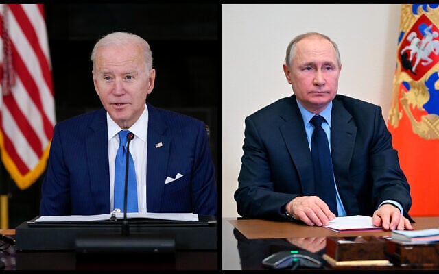 President Joe Biden speaks in the State Dining Room of the White House, February 9, 2022, in Washington; Russian President Vladimir Putin chairs a Security Council meeting via videoconference at the Novo-Ogaryovo residence outside Moscow, Russia, February 11, 2022. ( (AP Photo/Patrick Semansky; Alexei Nikolsky, Sputnik, Kremlin Pool Photo via AP) President Joe Biden speaks in the State Dining Room of the White House, February 9, 2022, in Washington; Russian President Vladimir Putin chairs a Security Council meeting via videoconference at the Novo-Ogaryovo residence outside Moscow, Russia, February 11, 2022. ( (AP Photo/Patrick Semansky; Alexei Nikolsky, Sputnik, Kremlin Pool Photo via AP)