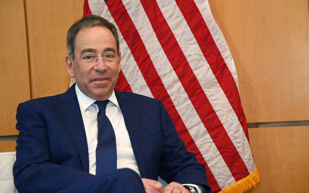 US Ambassador Tom Nides is interviewed by The Times of Israel at the US Embassy in Jerusalem, on January 7, 2022. (David Azagury/US Embassy)