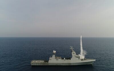 An Iron Dome missile defense system fires an interceptor from a Sa’ar-6 corvette, at a target during an exercise in early 2022. (Defense Ministry)