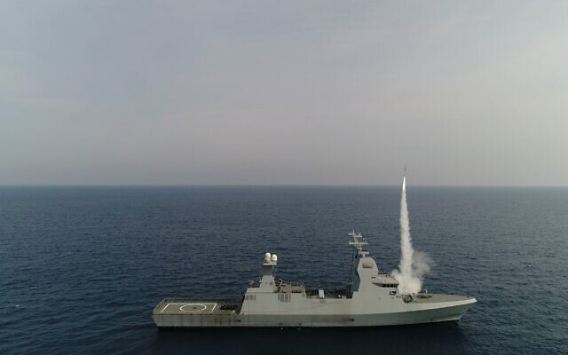 An Iron Dome missile defense system fires an interceptor from a Sa’ar-6 corvette, at a target during an exercise in early 2022. (Defense Ministry)