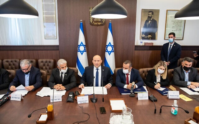 Prime Minister Naftali Bennett leads a cabinet meeting at the Prime Minister's Office in Jerusalem, on December 5, 2021. (Emil Salman/Pool/Flash90) Prime Minister Naftali Bennett leads a cabinet meeting at the Prime Minister's Office in Jerusalem, on December 5, 2021. (Emil Salman/Pool/Flash90)