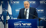 Finance Minister Avigdor Liberman speaks during a Yisrael Beytenu faction meeting at the Knesset on January 31, 2022. (Yonatan Sindel/Flash90)