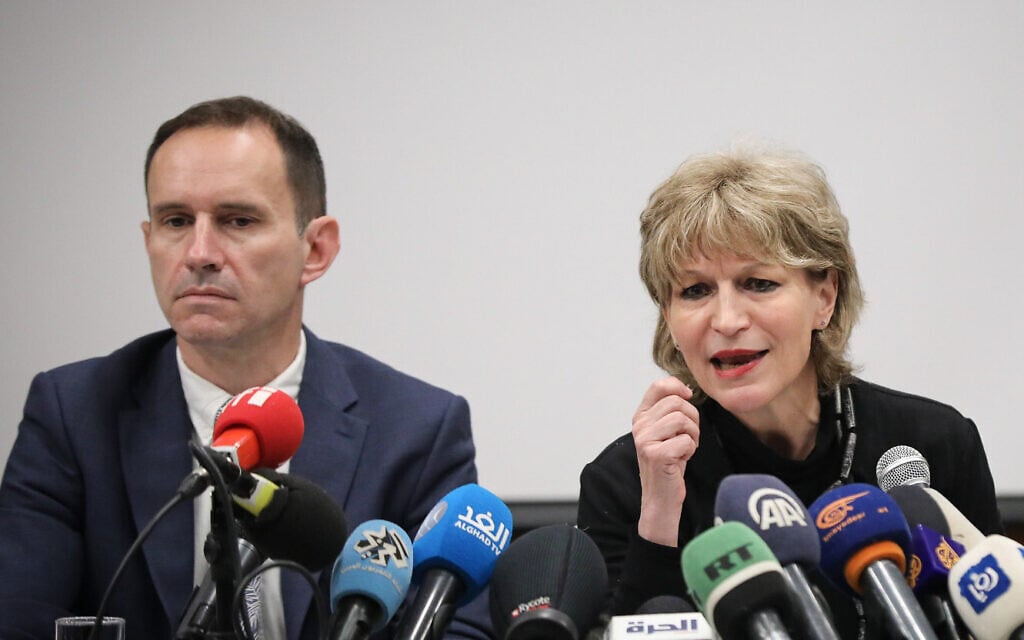Secretary general of Amnesty International Agnes Callamard (right) and Amnesty International Middle East and North Africa research and advocacy director Philip Luther at a press conference in Jerusalem, on February 1, 2022. (Flash90) Secretary general of Amnesty International Agnes Callamard (right) and Amnesty International Middle East and North Africa research and advocacy director Philip Luther at a press conference in Jerusalem, on February 1, 2022. (Flash90)