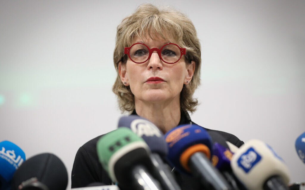 Agnes Callamard, the secretary general of Amnesty International, speaks during a press conference in Jerusalem, on February 1, 2022. (Flash90) Agnes Callamard, the secretary general of Amnesty International, speaks during a press conference in Jerusalem, on February 1, 2022. (Flash90)