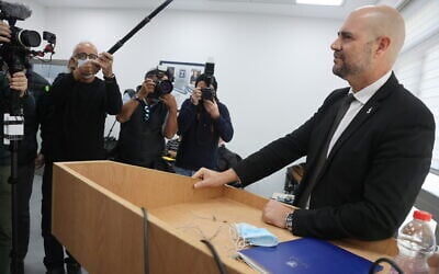Former public security minister MK Amir Ohana arrives for his testimony at the state committee investigating the escape of security prisoners from the Gilboa prison, in Modi'in, February 3, 2022. (Flash90 Former public security minister MK Amir Ohana arrives for his testimony at the state committee investigating the escape of security prisoners from the Gilboa prison, in Modi'in, February 3, 2022. (Flash90