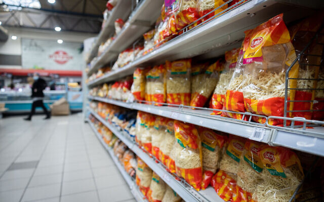 Osem products are seen on a shelf in a Rami Levy supermarket in Jerusalem on February 3, 2022. (Yonatan Sindel/Flash90)