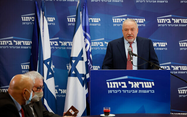 Finance Minister Avigdor Liberman speaks during a faction meeting of his Yisrael Beytenu party at the Knesset, in Jerusalem, on February 7, 2022.(Olivier Fitoussi/Flash90) Finance Minister Avigdor Liberman speaks during a faction meeting of his Yisrael Beytenu party at the Knesset, in Jerusalem, on February 7, 2022.(Olivier Fitoussi/Flash90)