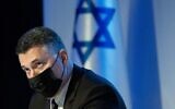Justice Minister Gideon Sa'ar attends a ceremony for the new attorney general, on February 8, 2022, in Jerusalem. (Yonatan Sindel/Flash90)