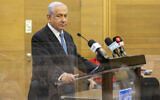 Opposition leader MK Benjamin Netanyahu leads a Likud party faction meeting at the Knesset, in Jerusalem on February 14, 2022. (Olivier Fitoussi/Flash90)