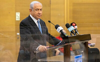 Opposition leader MK Benjamin Netanyahu leads a Likud party faction meeting at the Knesset, in Jerusalem on February 14, 2022. (Olivier Fitoussi/Flash90)