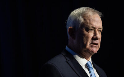 Defense Minister Benny Gantz speaks at a conference at the International Convention Center in Jerusalem, on February 21, 2022. (Yonatan Sindel/Flash90) Defense Minister Benny Gantz speaks at a conference at the International Convention Center in Jerusalem, on February 21, 2022. (Yonatan Sindel/Flash90)