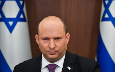 Prime Minister Naftali Bennett during a cabinet meeting at the Prime Minister's Office in Jerusalem, February 27, 2022.  (Yoav Ari Dudkevitch/Pool)
