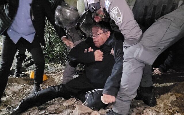 MK Itamar Ben Gvir faints after clashing with officers in East Jerusalem neighborhood of Sheikh Jarrah, February 13, 2022. (Courtesy/Otzma Yehudit) MK Itamar Ben Gvir faints after clashing with officers in East Jerusalem neighborhood of Sheikh Jarrah, February 13, 2022. (Courtesy/Otzma Yehudit)