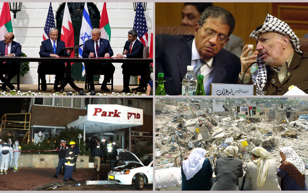 Clockwise from top left: The Abraham Accords signing ceremony on the White House lawn, September 15, 2020; Yasser Arafat confers with Arab League Secretary General Amr Moussa before an Arab Information Ministers meeting in Cairo, August 15, 2001; Palestinian women view destroyed houses at the Jenin refugee camp in the West Bank, April 28, 2002; The aftermath of the Park Hotel bombing on March 27, 2002. (AP/Alex Brandon, AP/Enric Marti, AP/Greg Baker, Flash90)