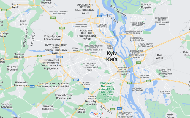 Screen capture of Google Maps showing the Ukrainian capital Kyiv, February 28, 2022. (Google Maps) Screen capture of Google Maps showing the Ukrainian capital Kyiv, February 28, 2022. (Google Maps)