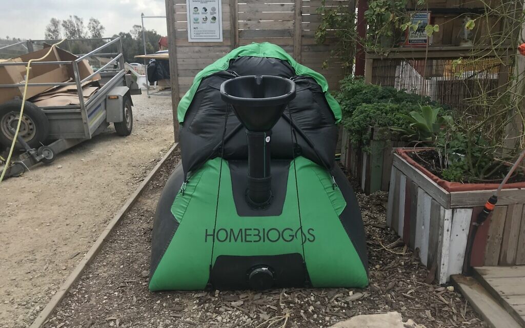 Sewed in Beit Yanai, Israel, this HomeBiogas personal digester, designed by Yair Teller and Oshek Efrati, costs about $700 and can be shipped nearly anywhere in a compact box. Similar models can be attached to biotoilets to produce fertilizer and biogas. (Credit: Lina Zeldovich)