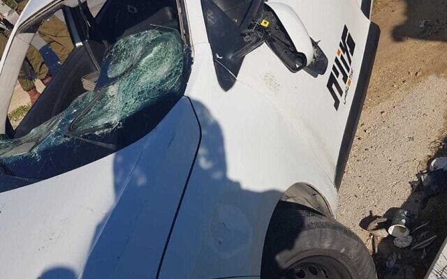 A taxi damaged after a driver was attacked in Nablus, on February 8, 2022. (Police spokesperson) A taxi damaged after a driver was attacked in Nablus, on February 8, 2022. (Police spokesperson)