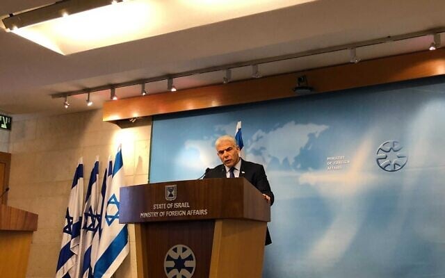 Foreign Minister Yair Lapid makes a public statement on the Russia-Ukraine crisis at the Foreign Ministry in Jerusalem on February 24, 2022. (Lazar Berman) Foreign Minister Yair Lapid makes a public statement on the Russia-Ukraine crisis at the Foreign Ministry in Jerusalem on February 24, 2022. (Lazar Berman)
