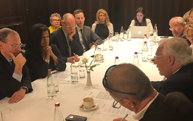 Rep. Pramila Jayapal (second from left) and US Ambassador to Israel David Friedman (second from right) are seen during a meeting at the David Citadel Hotel on May 30, 2018. (J Street) Rep. Pramila Jayapal (second from left) and US Ambassador to Israel David Friedman (second from right) are seen during a meeting at the David Citadel Hotel on May 30, 2018. (J Street)