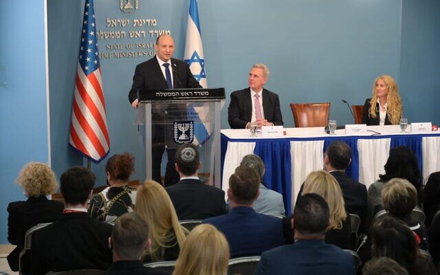 Prime Minister Naftali Bennett addresses a delegation of Republican lawmakers, led by House Minority Leader Kevin McCarthy (center), in Jerusalem, on February 21, 2022. (Amos Ben-Gershom/GPO) Prime Minister Naftali Bennett addresses a delegation of Republican lawmakers, led by House Minority Leader Kevin McCarthy (center), in Jerusalem, on February 21, 2022. (Amos Ben-Gershom/GPO)