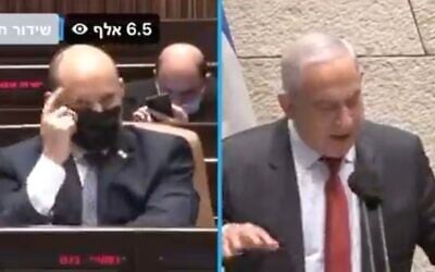 Prime Minister Naftali Bennett (R) makes a 'cuckoo' sign as opposition leader Benjamin Netanyahu speaks from the Knesset plenum, February 7, 2022. (Screen capture: Twitter)