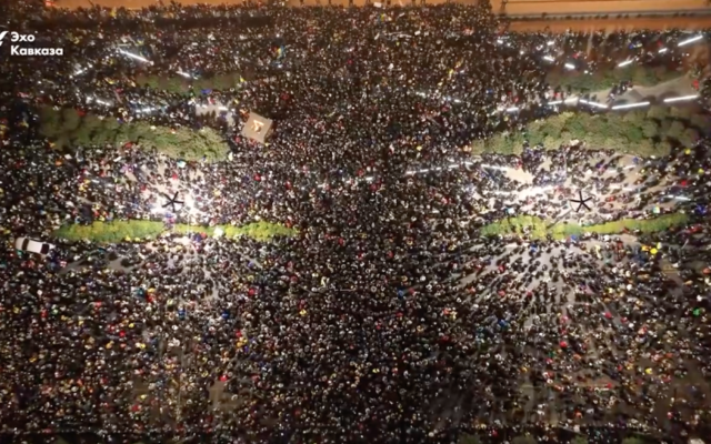 Thousands rally in Tbilisi, Georgia in solidarity with Ukraine on February 25, 2022. (Screen capture/Twitter) Thousands rally in Tbilisi, Georgia in solidarity with Ukraine on February 25, 2022. (Screen capture/Twitter)