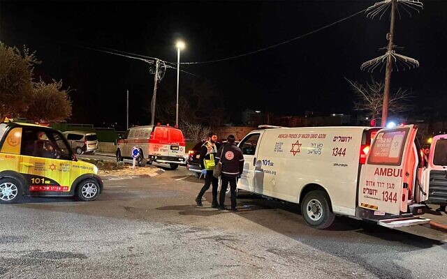 First responders at the scene of a possible ramming attack in the Sheikh Jarrah neighborhood of East Jerusalem, February 13, 2022. (MDA) First responders at the scene of a possible ramming attack in the Sheikh Jarrah neighborhood of East Jerusalem, February 13, 2022. (MDA)