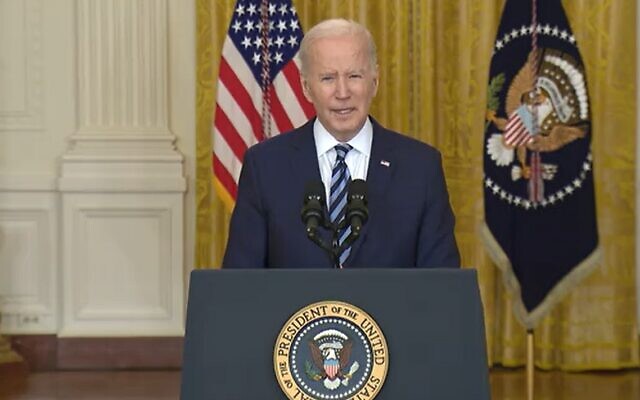 US President Joe Biden addresses the nation about Russia's invasion of Ukraine, on February 24, 2022. (Twitter screenshot) US President Joe Biden addresses the nation about Russia's invasion of Ukraine, on February 24, 2022. (Twitter screenshot)
