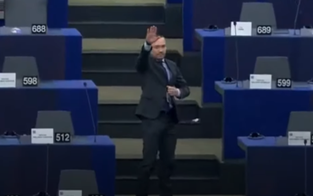 Bulgarian MEP Angel Dzhambazki makes a Nazi salute after addressing the European Parliament, February 17, 2022. (Screengrab/YouTube) Bulgarian MEP Angel Dzhambazki makes a Nazi salute after addressing the European Parliament, February 17, 2022. (Screengrab/YouTube)