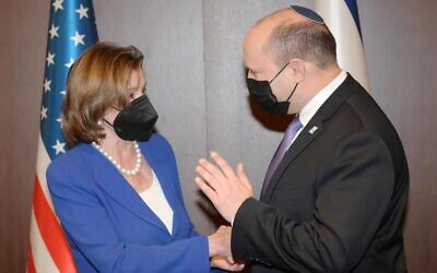 Prime Minister Naftali Bennett meets US Speaker of the House Nancy Pelosi in Jerusalem on February 17, 2022. (Amos Ben-Gershom/GPO)