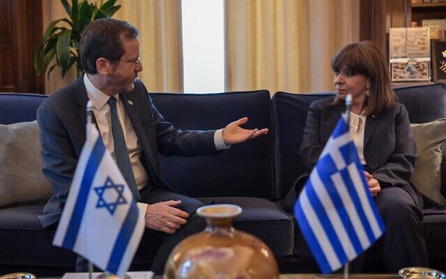 President Isaac Herzog meets in Athens with Greek President Katerina Sakellaropoulou, on February 24, 2022. (Kobi Gideon/GPO) President Isaac Herzog meets in Athens with Greek President Katerina Sakellaropoulou, on February 24, 2022. (Kobi Gideon/GPO)
