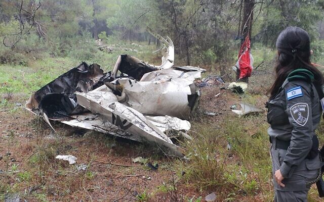 The scene of a light aircraft crash near Mevo Beitar, near Jerusalem, on February 26, 2022. (Israel Police) The scene of a light aircraft crash near Mevo Beitar, near Jerusalem, on February 26, 2022. (Israel Police)