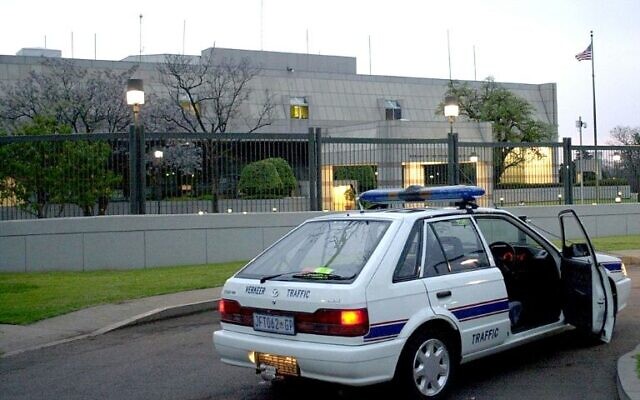 A South African police car is pictured in front of the United States embassy in Pretoria on September 11, 2001. (Nerrisa Korb / AFP) A South African police car is pictured in front of the United States embassy in Pretoria on September 11, 2001. (Nerrisa Korb / AFP)
