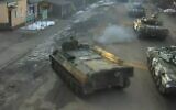 Russian military vehicles enter Ukraine, on February 24, 2022. (Video screenshot)