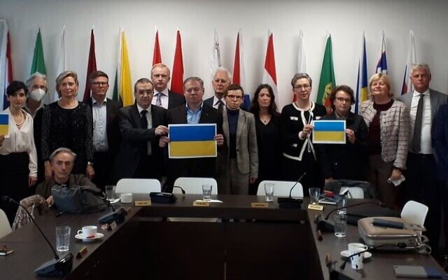A meeting of all EU envoys in Israel in support of Ukrainian Ambassador to Israel Yevgen Korniychuk on February 24, 2022. (Courtesy) A meeting of all EU envoys in Israel in support of Ukrainian Ambassador to Israel Yevgen Korniychuk on February 24, 2022. (Courtesy)