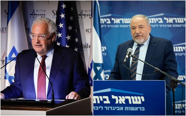 US ambassador to Israel David Friedman (L) speaks during the Kohelet Forum Conference at the Begin Heritage Center in Jerusalem on January 8, 2020. Yisrael Beytenu chairman Avigdor Liberman speaks during a faction meeting at the Knesset on January 31, 2022. (Olivier Fitoussi, Yonatan Sindel/Flash90 US ambassador to Israel David Friedman (L) speaks during the Kohelet Forum Conference at the Begin Heritage Center in Jerusalem on January 8, 2020. Yisrael Beytenu chairman Avigdor Liberman speaks during a faction meeting at the Knesset on January 31, 2022. (Olivier Fitoussi, Yonatan Sindel/Flash90