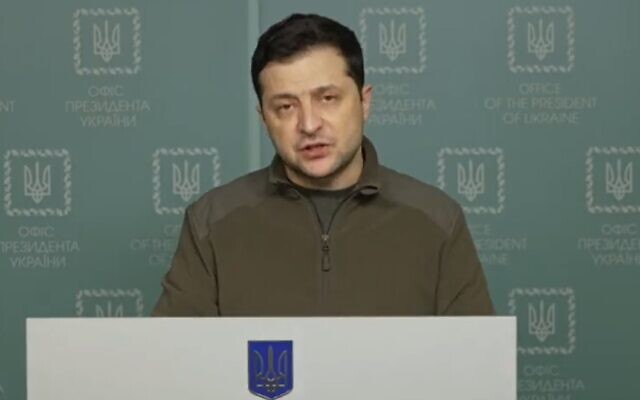Ukrainian President Volodymyr Zelensky addresses his nation in a speech on Saturday, February 26, 2022, saying troops were successfully thwarting Russian attacks. (Screenshot/Twitter)