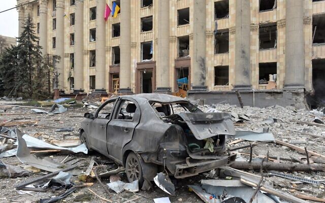 This general view shows the damaged local city hall of Kharkiv on March 1, 2022, destroyed as a result of Russian troop shelling. (Sergey BOBOK / AFP)