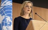 Britain's Foreign Secretary Elizabeth Truss delivers a speech during the 49th session of the UN Human Rights Council at the European headquarters of the United Nations in Geneva, on March 1, 2022. (SALVATORE DI NOLFI /AFP)
