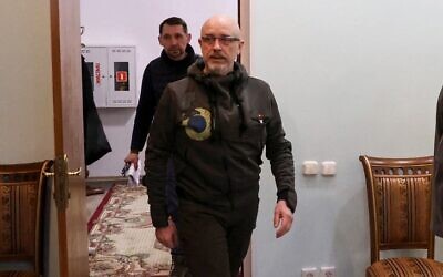 Ukrainian Defense Minister Oleksii Reznikov arrive to the talks between delegations from Ukraine and Russia in Belarus' Brest region, on March 3, 2022, following the Russian invasion of Ukraine. (Maxim Guchek/Belta/AFP)