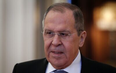 Russian Foreign Minister Sergei Lavrov attends a meeting with his Kyrgyz counterpart in Moscow. on March 5, 2022. (Sergei Ilnitesky/Pool/AFP)